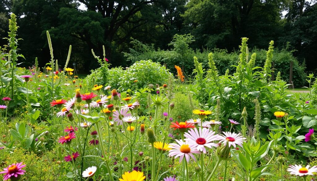 A lush, vibrant garden with a diverse array of thriving plants, flowers, and greenery. In the foreground, a variety of native wildflowers bloom in a vibrant tapestry, their petals catching the soft, diffused sunlight that filters through the canopy above. In the middle ground, a mix of healthy, organically-grown vegetables and herbs flourish, their leaves rustling gently in the light breeze. In the background, a rich, verdant tapestry of towering trees and shrubs creates a natural, sheltering backdrop, their branches dappling the scene with intricate patterns of light and shadow. The overall atmosphere exudes a sense of harmony, balance, and resilience, reflecting the beauty and vitality of a chemical-free, biodiverse garden. A lush, vibrant garden with a diverse array of thriving plants, flowers, and greenery. In the foreground, a variety of native wildflowers bloom in a vibrant tapestry, their petals catching the soft, diffused sunlight that filters through the canopy above. In the middle ground, a mix of healthy, organically-grown vegetables and herbs flourish, their leaves rustling gently in the light breeze. In the background, a rich, verdant tapestry of towering trees and shrubs creates a natural, sheltering backdrop, their branches dappling the scene with intricate patterns of light and shadow. The overall atmosphere exudes a sense of harmony, balance, and resilience, reflecting the beauty and vitality of a chemical-free, biodiverse garden.