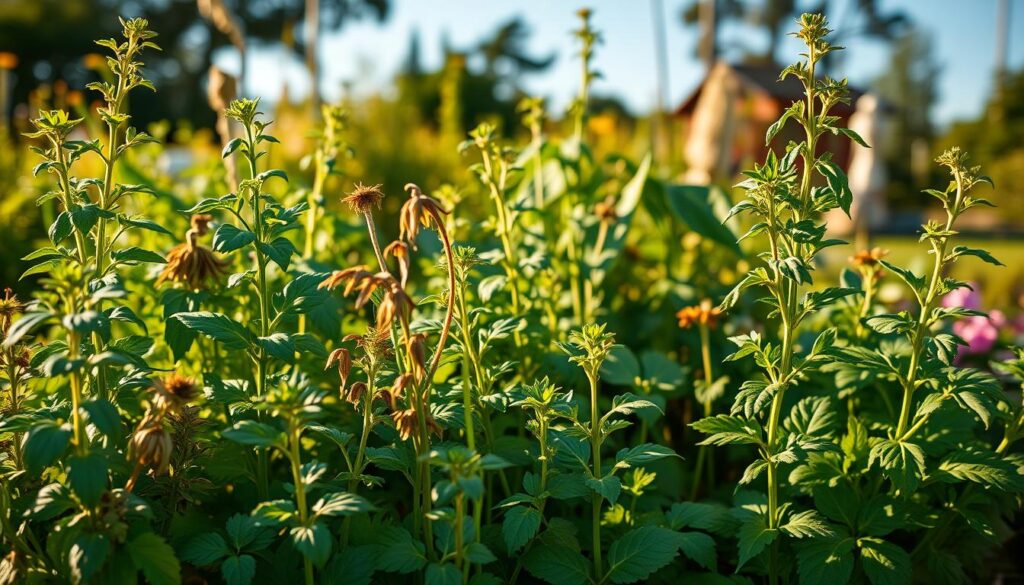 A lush, vibrant herb garden set against a warm, golden afternoon light. In the foreground, a close-up view of several herb plants - some thriving and healthy, others wilted, yellowing, or damaged. The contrast between the two groups is stark, highlighting the consequences of common harvesting mistakes. The middle ground features a variety of well-known culinary herbs, each with unique leaf shapes and textures. In the background, a soft, blurred scene of a tranquil garden setting, with hints of other plants and a clear blue sky above. The overall mood is one of educational guidance, inviting the viewer to closely examine the "mistakes herbs" and learn from them. A lush, vibrant herb garden set against a warm, golden afternoon light. In the foreground, a close-up view of several herb plants - some thriving and healthy, others wilted, yellowing, or damaged. The contrast between the two groups is stark, highlighting the consequences of common harvesting mistakes. The middle ground features a variety of well-known culinary herbs, each with unique leaf shapes and textures. In the background, a soft, blurred scene of a tranquil garden setting, with hints of other plants and a clear blue sky above. The overall mood is one of educational guidance, inviting the viewer to closely examine the "mistakes herbs" and learn from them.