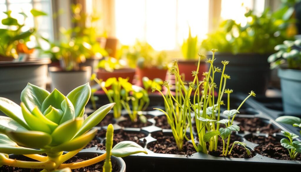 A lush, vibrant scene of vegetative propagation unfolding. In the foreground, a thriving succulent plant, its leaves glistening with moisture, sprouting new growth from the nodes. In the middle ground, a cluster of herb cuttings taking root in a soil-filled tray, their delicate stems reaching skyward. The background showcases a diverse array of potted plants, each at varying stages of growth, illuminated by warm, natural lighting filtering through a large window. The overall composition conveys a sense of renewal, as new life emerges from the parent plants, a testament to the power of vegetative propagation. A lush, vibrant scene of vegetative propagation unfolding. In the foreground, a thriving succulent plant, its leaves glistening with moisture, sprouting new growth from the nodes. In the middle ground, a cluster of herb cuttings taking root in a soil-filled tray, their delicate stems reaching skyward. The background showcases a diverse array of potted plants, each at varying stages of growth, illuminated by warm, natural lighting filtering through a large window. The overall composition conveys a sense of renewal, as new life emerges from the parent plants, a testament to the power of vegetative propagation.