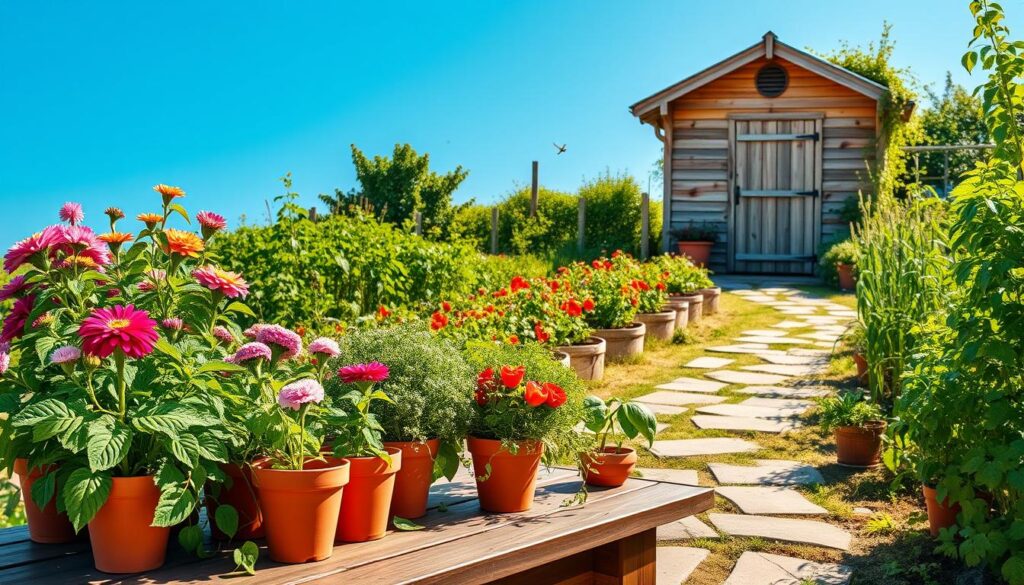 A lush, vibrant summer garden against a clear blue sky. In the foreground, a variety of flowering plants and herbs in terracotta pots arranged neatly on a rustic wooden table. Sunlight filters through the leaves, casting soft shadows. In the middle ground, a well-tended vegetable patch with rows of thriving tomatoes, peppers, and leafy greens. A winding stone path leads to the background, where a quaint garden shed stands, its weathered wood gleaming in the afternoon light. Bees buzz lazily among the blooms, creating a peaceful, tranquil atmosphere. The scene conveys a sense of harmony, organization, and the joys of gardening on a budget. A lush, vibrant summer garden against a clear blue sky. In the foreground, a variety of flowering plants and herbs in terracotta pots arranged neatly on a rustic wooden table. Sunlight filters through the leaves, casting soft shadows. In the middle ground, a well-tended vegetable patch with rows of thriving tomatoes, peppers, and leafy greens. A winding stone path leads to the background, where a quaint garden shed stands, its weathered wood gleaming in the afternoon light. Bees buzz lazily among the blooms, creating a peaceful, tranquil atmosphere. The scene conveys a sense of harmony, organization, and the joys of gardening on a budget.