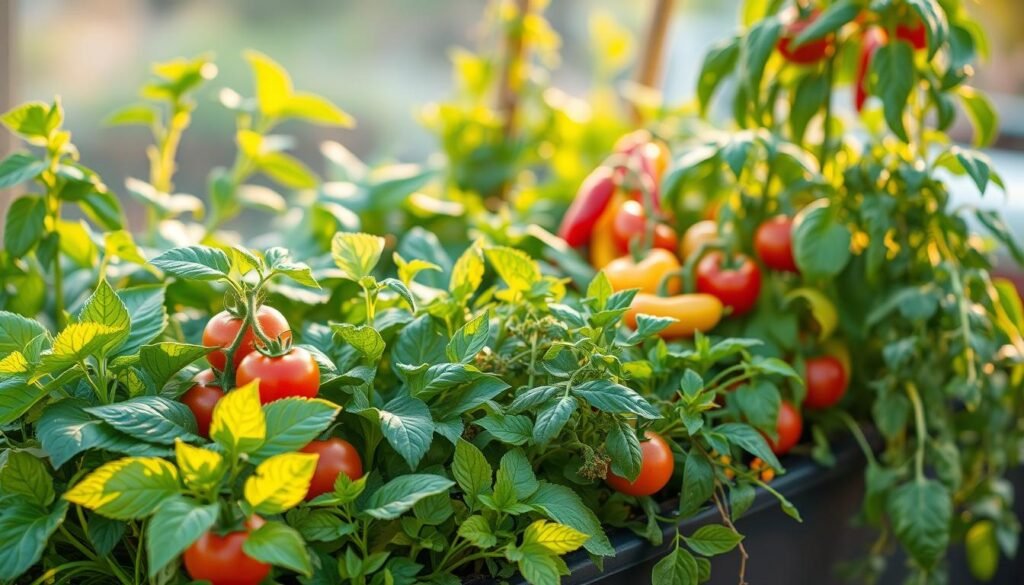 A lush, vibrant vegetable garden nestled in a cozy container setting. In the foreground, healthy greens, plump tomatoes, and vibrant bell peppers thrive, their verdant foliage catching the warm, golden light. The middle ground features a mix of leafy lettuces, fragrant herbs, and trailing vines, creating a visually captivating and textural tapestry. The background subtly fades into a serene, softly blurred backdrop, allowing the vibrant produce to take center stage. The overall scene conveys a sense of abundance, vitality, and the rewarding experience of growing fresh, flavorful vegetables in a compact, urban-friendly container garden. A lush, vibrant vegetable garden nestled in a cozy container setting. In the foreground, healthy greens, plump tomatoes, and vibrant bell peppers thrive, their verdant foliage catching the warm, golden light. The middle ground features a mix of leafy lettuces, fragrant herbs, and trailing vines, creating a visually captivating and textural tapestry. The background subtly fades into a serene, softly blurred backdrop, allowing the vibrant produce to take center stage. The overall scene conveys a sense of abundance, vitality, and the rewarding experience of growing fresh, flavorful vegetables in a compact, urban-friendly container garden.