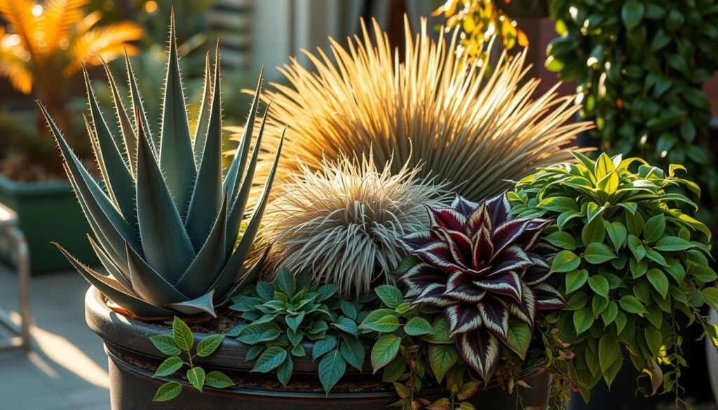 A lush, well-designed container garden with a captivating combination of "thriller, filler, spiller" plants. In the foreground, a dramatic, architectural succulent or agave plant (the "thriller") stands tall, its spiky leaves casting dramatic shadows. The middle ground features a fluffy, mounding ornamental grass or trailing coleus (the "filler"), cascading gracefully over the container's edges. In the background, a trailing, vine-like plant (the "spiller") tumbles down, creating a sense of depth and movement. The scene is bathed in warm, golden late-afternoon light, casting a cozy, inviting ambiance. The overall composition is balanced, visually striking, and reflective of a professional, thoughtful garden design aesthetic. A lush, well-designed container garden with a captivating combination of "thriller, filler, spiller" plants. In the foreground, a dramatic, architectural succulent or agave plant (the "thriller") stands tall, its spiky leaves casting dramatic shadows. The middle ground features a fluffy, mounding ornamental grass or trailing coleus (the "filler"), cascading gracefully over the container's edges. In the background, a trailing, vine-like plant (the "spiller") tumbles down, creating a sense of depth and movement. The scene is bathed in warm, golden late-afternoon light, casting a cozy, inviting ambiance. The overall composition is balanced, visually striking, and reflective of a professional, thoughtful garden design aesthetic.