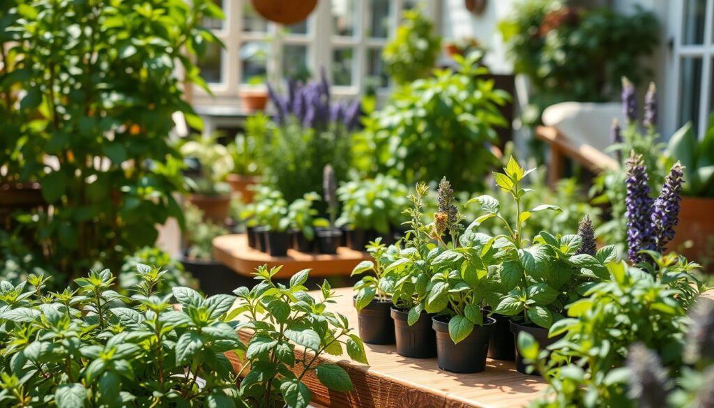 A lush, well-lit garden filled with a variety of thriving, vibrant herb plants in the foreground. The plants include mint, rosemary, basil, and lavender, each with their distinct textures and colors. In the middle ground, a simple wooden table holds a selection of healthy seedlings and cuttings, ready to be potted and shared. The background features a bright, natural light, with hints of a cozy outdoor living space. The overall scene conveys a sense of abundance, ease, and the joy of propagating and gifting plants. A lush, well-lit garden filled with a variety of thriving, vibrant herb plants in the foreground. The plants include mint, rosemary, basil, and lavender, each with their distinct textures and colors. In the middle ground, a simple wooden table holds a selection of healthy seedlings and cuttings, ready to be potted and shared. The background features a bright, natural light, with hints of a cozy outdoor living space. The overall scene conveys a sense of abundance, ease, and the joy of propagating and gifting plants.
