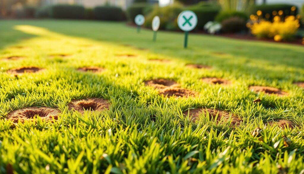 A lush, well-manicured lawn dotted with distinctive brown patches and sickly yellow spots, signaling the telltale signs of fertilizer burn. The foreground captures the damaged grass in vivid detail, with crisp edges and a mottled texture that conveys the severity of the nutrient imbalance. In the middle ground, a scattering of lawn signs and markers stand as visual cues, drawing the viewer's attention to the affected areas. The background blurs softly, allowing the lawn's distress to take center stage. Warm, natural lighting filters through, casting a subtle glow and emphasizing the contrasting colors and textures. This image aims to provide a clear, illustrative representation of the key signs of fertilizer burn, as detailed in the article's "Spot the Damage Fast" section.