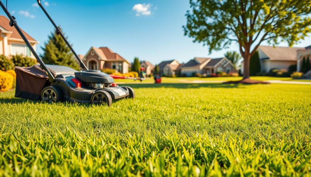 A lush, well-manicured lawn with vibrant green grass, neatly trimmed edges, and a freshly mowed appearance. In the foreground, a professional lawn mower is in motion, its blades effortlessly slicing through the grass, leaving behind a trail of neatly clipped blades. The middle ground features a range of lawn care tools, including a trimmer, edger, and leaf blower, suggesting a comprehensive approach to maintaining the pristine outdoor space. The background showcases a peaceful suburban neighborhood, with neatly landscaped homes and a clear blue sky overhead, conveying a sense of tranquility and pride in one's property. The lighting is natural and warm, casting a golden glow over the scene, evoking a sense of satisfaction and accomplishment in the lawn care process.