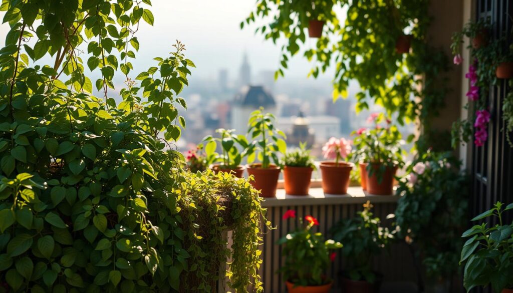 A lush, well-tended balcony overflowing with an abundance of thriving potted plants. In the foreground, a variety of leafy greens, trailing vines, and vibrant flowers cascade over the edge of the railing, bathed in the warm glow of natural sunlight filtering through. In the middle ground, a few larger potted plants, such as tomato plants or herbs, stand proudly, their foliage rustling gently in a light breeze. The background features a cityscape or scenic view, blurred and out of focus, creating a sense of tranquility and escape. The overall atmosphere is one of serene productivity, where the balcony serves as a verdant oasis amidst the urban landscape. A lush, well-tended balcony overflowing with an abundance of thriving potted plants. In the foreground, a variety of leafy greens, trailing vines, and vibrant flowers cascade over the edge of the railing, bathed in the warm glow of natural sunlight filtering through. In the middle ground, a few larger potted plants, such as tomato plants or herbs, stand proudly, their foliage rustling gently in a light breeze. The background features a cityscape or scenic view, blurred and out of focus, creating a sense of tranquility and escape. The overall atmosphere is one of serene productivity, where the balcony serves as a verdant oasis amidst the urban landscape.