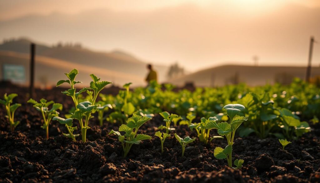 A lush, well-tended garden bed with rich, dark soil in the foreground. Healthy, vibrant plants and vegetables growing amid the soil, their leaves and stems reaching towards the sun. The background features a hazy, ethereal landscape with rolling hills and a soft, golden glow illuminating the scene. The lighting is warm and diffuse, creating a serene and inviting atmosphere. The camera angle is slightly elevated, allowing the viewer to appreciate the depth and texture of the soil and the thriving plants. The overall impression is one of abundance, fertility, and the nurturing power of organic, nutrient-rich soil. A lush, well-tended garden bed with rich, dark soil in the foreground. Healthy, vibrant plants and vegetables growing amid the soil, their leaves and stems reaching towards the sun. The background features a hazy, ethereal landscape with rolling hills and a soft, golden glow illuminating the scene. The lighting is warm and diffuse, creating a serene and inviting atmosphere. The camera angle is slightly elevated, allowing the viewer to appreciate the depth and texture of the soil and the thriving plants. The overall impression is one of abundance, fertility, and the nurturing power of organic, nutrient-rich soil.