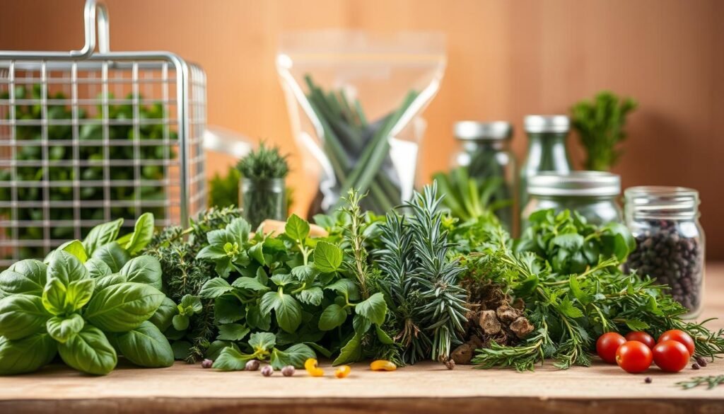 A meticulously arranged still life showcasing the most effective methods for preserving herbs without losing their flavor. In the foreground, a selection of fresh herbs - basil, thyme, rosemary, and more - arranged with care. The middle ground features various preservation techniques such as drying racks, vacuum-sealed bags, and glass jars. The background is softly lit, creating a serene, almost ethereal atmosphere, highlighting the natural beauty of the herbs. The lighting is warm and natural, with a slight vignette effect to draw the eye towards the center of the composition. The overall scene exudes a sense of tranquility and culinary expertise, perfectly suited to illustrate the "quick method chooser" section of the article.
