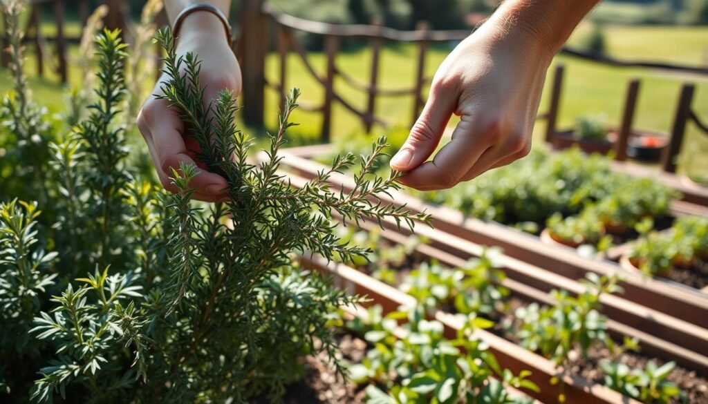 A meticulously groomed herb garden in natural afternoon light. In the foreground, a pair of skilled hands gently prune fragrant sprigs of thyme, rosemary, and oregano, removing any dead or damaged foliage. The middle ground reveals lush, vibrant plants growing in orderly raised beds, their leaves shimmering with health. In the background, a rustic wooden fence frames a tranquil countryside scene, hinting at the serene environment where this mindful gardening takes place. The overall atmosphere is one of tranquility, care, and the joyful cultivation of nature's bountiful gifts. A meticulously groomed herb garden in natural afternoon light. In the foreground, a pair of skilled hands gently prune fragrant sprigs of thyme, rosemary, and oregano, removing any dead or damaged foliage. The middle ground reveals lush, vibrant plants growing in orderly raised beds, their leaves shimmering with health. In the background, a rustic wooden fence frames a tranquil countryside scene, hinting at the serene environment where this mindful gardening takes place. The overall atmosphere is one of tranquility, care, and the joyful cultivation of nature's bountiful gifts.
