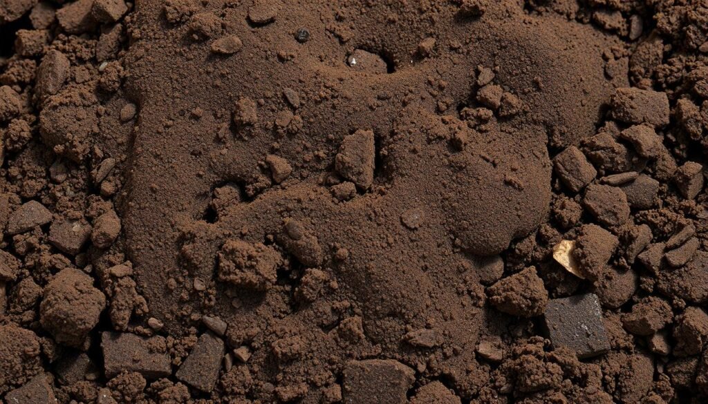 A moist, well-drained soil texture resembling a squeezed-out sponge, with a rich, earthy tone and just the right amount of dampness. The soil's surface glistens subtly under a soft, diffused lighting, hinting at the optimal moisture level for healthy plant growth. The scene captures a close-up view, emphasizing the soil's intimate details and the satisfying tactile quality of the mix. The overall impression is one of balance, where the moisture is neither too little nor too much, creating an inviting, nurturing environment for seeds to thrive.