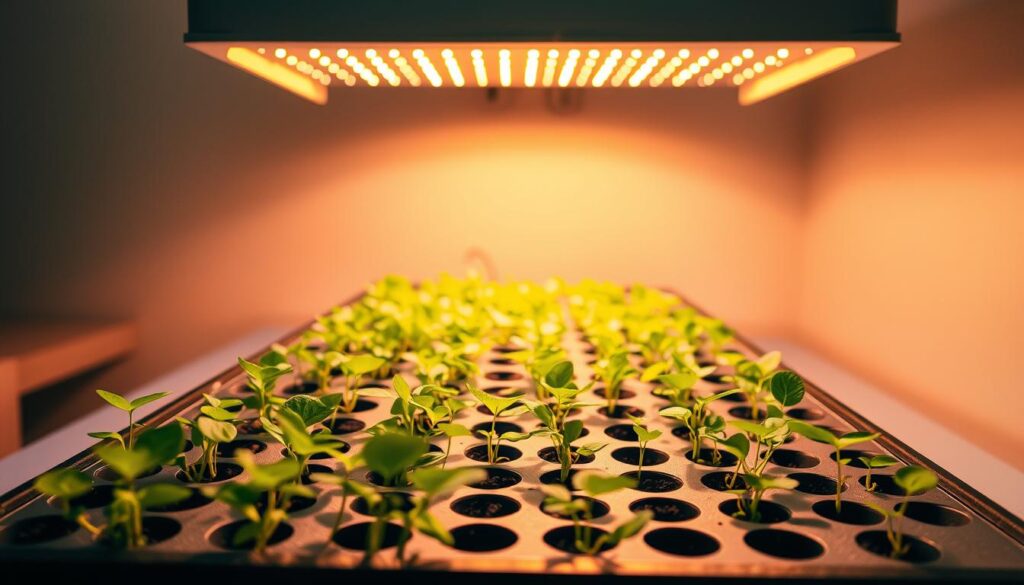 A neatly arranged array of healthy, vibrant light cycle seedlings thriving under a softly diffused, warm-toned illumination. The foreground features a tray of lush, verdant sprouts at various stages of growth, their delicate leaves casting gentle shadows on the surface. In the middle ground, a carefully calibrated grow light system bathed in a golden glow, positioned at an optimal height to foster the seedlings' development. The background depicts a clean, minimalist setup, with reflective surfaces amplifying the ambient light, creating an aura of efficiency and control. The overall scene conveys a sense of precision, care, and the rewarding potential of a well-executed seed starting station.