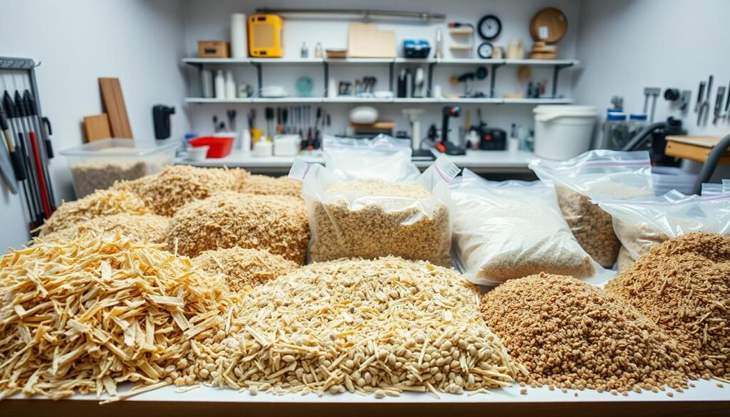 A neatly arranged array of sterilized and pasteurized substrate materials laid out on a clean, well-lit workbench. In the foreground, various types of nutrient-rich organic matter such as sawdust, grain, and straw are precisely measured and mixed together. In the middle ground, the prepared substrate is packed into polypropylene bags, ready for inoculation with mushroom spawn. The background features an organized assortment of necessary tools and equipment, creating a professional, laboratory-like atmosphere. Soft, diffused lighting from above casts an even glow across the scene, highlighting the textures and colors of the natural substrates. The overall mood is one of scientific precision, order, and anticipation for a successful mushroom cultivation. A neatly arranged array of sterilized and pasteurized substrate materials laid out on a clean, well-lit workbench. In the foreground, various types of nutrient-rich organic matter such as sawdust, grain, and straw are precisely measured and mixed together. In the middle ground, the prepared substrate is packed into polypropylene bags, ready for inoculation with mushroom spawn. The background features an organized assortment of necessary tools and equipment, creating a professional, laboratory-like atmosphere. Soft, diffused lighting from above casts an even glow across the scene, highlighting the textures and colors of the natural substrates. The overall mood is one of scientific precision, order, and anticipation for a successful mushroom cultivation.