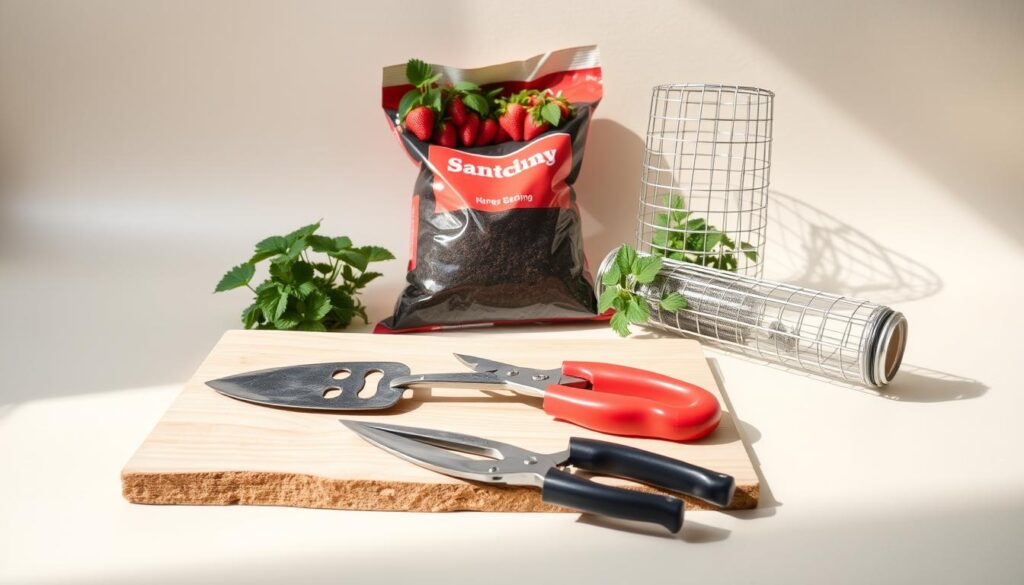A neatly arranged composition of essential tools and materials for building a DIY strawberry tower. In the foreground, a trowel, pruning shears, and a small gardening knife sit atop a wooden plank. In the middle ground, a bag of potting soil, a bundle of strawberry plants, and a roll of wire mesh stand out against a neutral background. The lighting is soft and natural, casting gentle shadows and highlighting the textures of the objects. The overall mood is one of organization and preparedness, conveying the sense that this project is well-thought-out and the necessary components are at hand. A neatly arranged composition of essential tools and materials for building a DIY strawberry tower. In the foreground, a trowel, pruning shears, and a small gardening knife sit atop a wooden plank. In the middle ground, a bag of potting soil, a bundle of strawberry plants, and a roll of wire mesh stand out against a neutral background. The lighting is soft and natural, casting gentle shadows and highlighting the textures of the objects. The overall mood is one of organization and preparedness, conveying the sense that this project is well-thought-out and the necessary components are at hand.