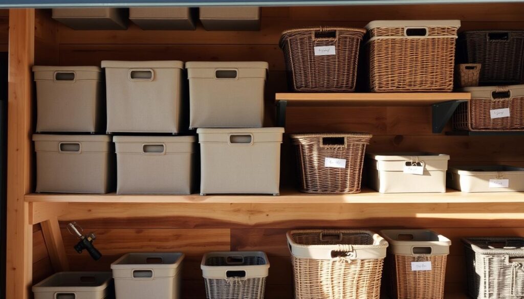 A neatly organized collection of various-sized storage bins and wicker baskets, artfully arranged on wooden shelves against a backdrop of a warm, rustic wooden wall. The bins are in a range of earthy tones, subtly labeled with simple, handwritten tags. Soft, natural lighting filters in, creating gentle shadows and highlights that accentuate the textures and materials. The overall scene conveys a sense of thoughtful, functional organization, perfect for storing and displaying small items in a cozy, inviting garage or shed space. A neatly organized collection of various-sized storage bins and wicker baskets, artfully arranged on wooden shelves against a backdrop of a warm, rustic wooden wall. The bins are in a range of earthy tones, subtly labeled with simple, handwritten tags. Soft, natural lighting filters in, creating gentle shadows and highlights that accentuate the textures and materials. The overall scene conveys a sense of thoughtful, functional organization, perfect for storing and displaying small items in a cozy, inviting garage or shed space.