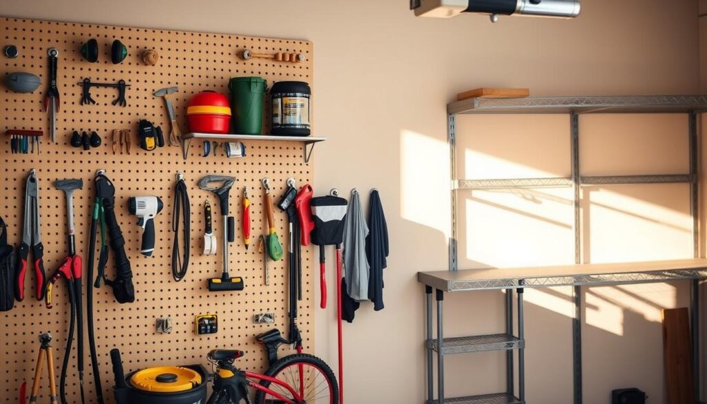 A neatly organized garage wall, flooded with warm, natural lighting. In the foreground, a sturdy pegboard adorned with a variety of hooks, shelves, and organizers, ready to showcase tools, gardening equipment, and other small items. In the middle ground, adjustable racks and shelves in a sleek, minimalist design, offering ample storage space. The background features a clean, neutral-toned wall, creating a simple yet visually appealing backdrop to highlight the thoughtful storage solutions. The overall scene exudes a sense of order, efficiency, and a practical approach to maximizing limited space in a small shed or garage. A neatly organized garage wall, flooded with warm, natural lighting. In the foreground, a sturdy pegboard adorned with a variety of hooks, shelves, and organizers, ready to showcase tools, gardening equipment, and other small items. In the middle ground, adjustable racks and shelves in a sleek, minimalist design, offering ample storage space. The background features a clean, neutral-toned wall, creating a simple yet visually appealing backdrop to highlight the thoughtful storage solutions. The overall scene exudes a sense of order, efficiency, and a practical approach to maximizing limited space in a small shed or garage.