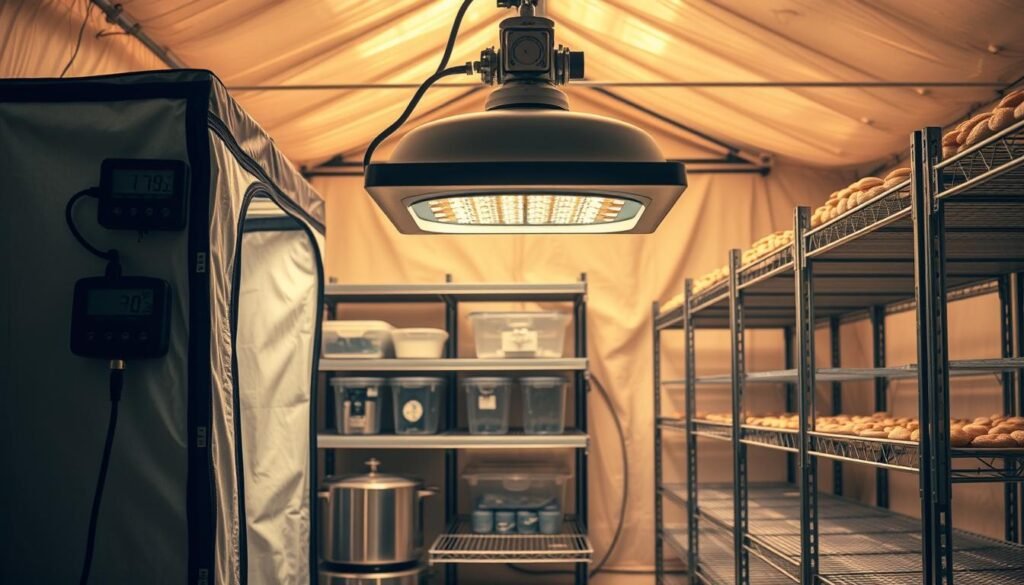 A neatly organized greenhouse interior, bathed in warm, diffuse lighting. In the foreground, an array of essential mushroom growing equipment: a sturdy grow tent, a digital thermometer-hygrometer, a high-output LED lamp, and a stainless steel mister. In the middle ground, shelves hold clear plastic containers, a pressure cooker, and a laminar flow box. The background features rows of sturdy metal racks, ready to support the mushroom cultivation process. The overall scene conveys a sense of precision, functionality, and the care required to cultivate gourmet mushrooms in a controlled environment. A neatly organized greenhouse interior, bathed in warm, diffuse lighting. In the foreground, an array of essential mushroom growing equipment: a sturdy grow tent, a digital thermometer-hygrometer, a high-output LED lamp, and a stainless steel mister. In the middle ground, shelves hold clear plastic containers, a pressure cooker, and a laminar flow box. The background features rows of sturdy metal racks, ready to support the mushroom cultivation process. The overall scene conveys a sense of precision, functionality, and the care required to cultivate gourmet mushrooms in a controlled environment.