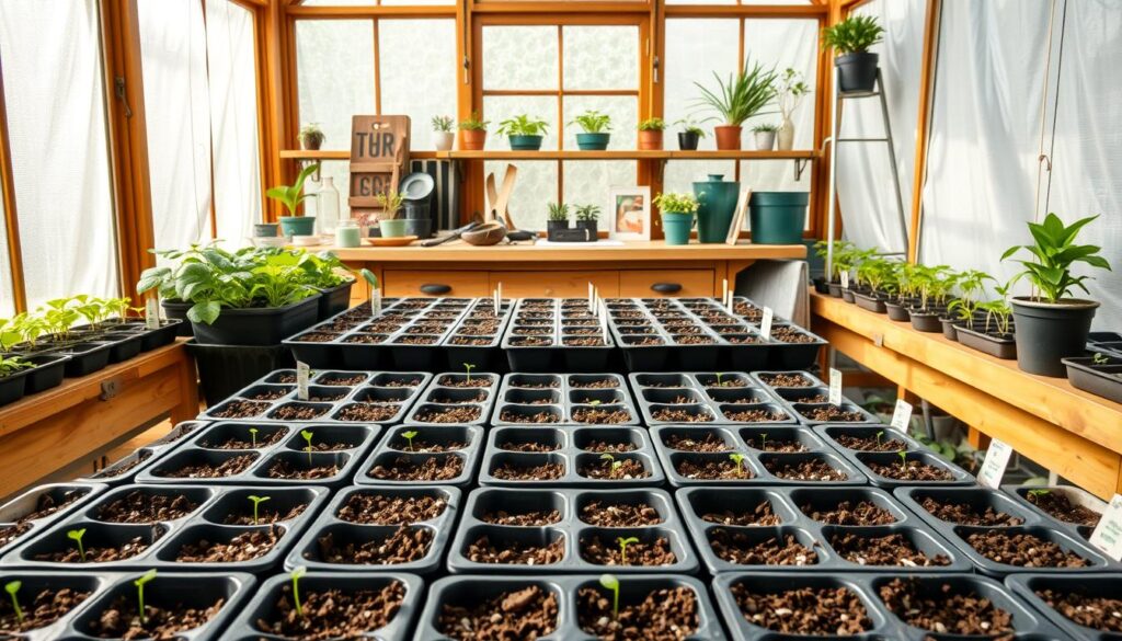 A neatly organized seed starting setup, with a well-lit greenhouse-style environment. In the foreground, rows of small seedling trays filled with moist soil and freshly sown seeds, ready to sprout. The middle ground features a vintage potting bench with tools, seed packets, and small plant labels. In the background, a large window lets in soft, diffused natural light, creating a warm, nurturing atmosphere. The overall scene exudes a sense of anticipation and the promise of new growth, perfectly capturing the essence of the "seed starting" process. A neatly organized seed starting setup, with a well-lit greenhouse-style environment. In the foreground, rows of small seedling trays filled with moist soil and freshly sown seeds, ready to sprout. The middle ground features a vintage potting bench with tools, seed packets, and small plant labels. In the background, a large window lets in soft, diffused natural light, creating a warm, nurturing atmosphere. The overall scene exudes a sense of anticipation and the promise of new growth, perfectly capturing the essence of the "seed starting" process.
