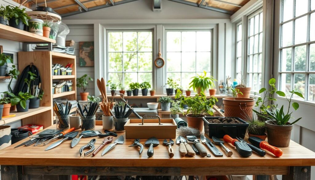 A neatly organized workbench in a well-lit urban garden shed. Foreground features a variety of gardening tools - pruners, trowels, hand cultivators, and a small toolbox - all arranged with precision on a wooden surface. Middle ground shows shelves stocked with seed packets, potting soil, and other gardening supplies. Background reveals large windows letting in ample natural light, with lush greenery visible outside. The overall scene conveys a sense of efficiency, order, and a passion for urban gardening. A neatly organized workbench in a well-lit urban garden shed. Foreground features a variety of gardening tools - pruners, trowels, hand cultivators, and a small toolbox - all arranged with precision on a wooden surface. Middle ground shows shelves stocked with seed packets, potting soil, and other gardening supplies. Background reveals large windows letting in ample natural light, with lush greenery visible outside. The overall scene conveys a sense of efficiency, order, and a passion for urban gardening.