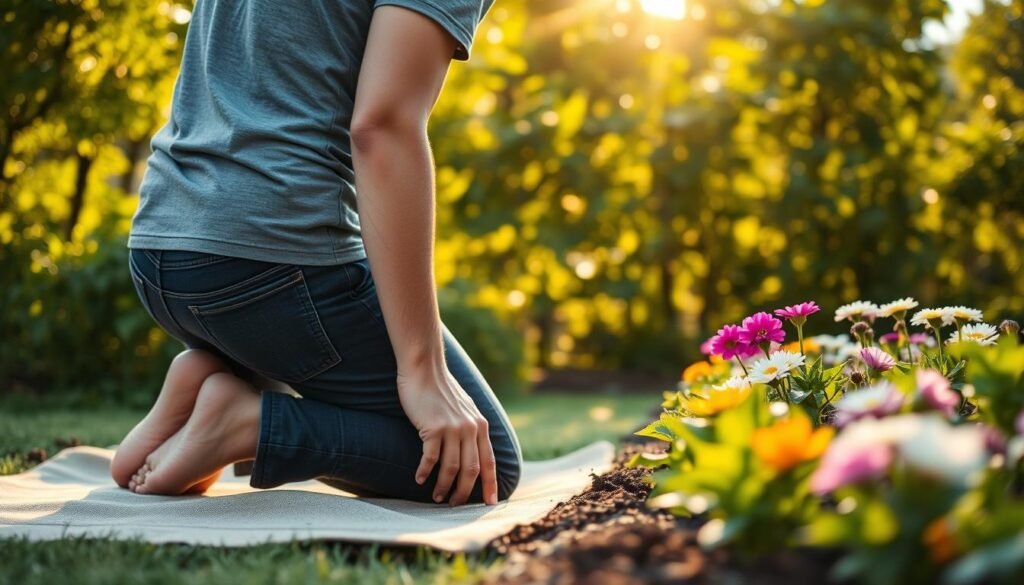 A person kneeling on a soft garden mat, with their back straight and shoulders relaxed, intently tending to a row of vibrant flowers. The person's hands are gently working the soil, their expression focused yet serene. The scene is bathed in warm, golden sunlight filtering through lush greenery in the background, creating a sense of peace and tranquility. The camera angle is slightly elevated, giving a clear view of the gardener's proper posture and ergonomic positioning. The overall mood is one of effortless productivity and mindful connection with nature.