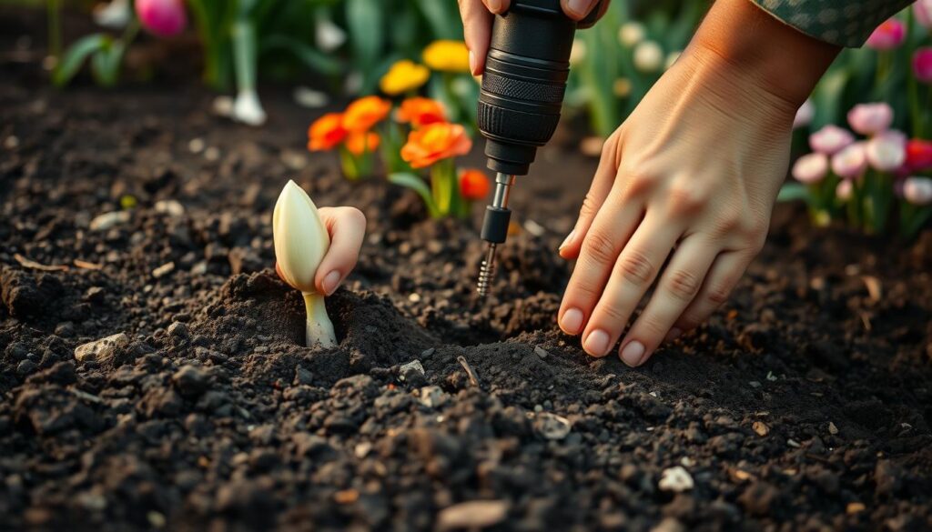 A person's hands carefully planting a spring bulb in a garden bed, the soil is dark and rich. In the foreground, the bulb is being carefully placed at the ideal depth, while in the middle ground the person uses a hand drill attachment to create perfectly spaced holes for additional bulbs. The background shows a lush, green garden with colorful blooms peeking out, hinting at the vibrant flowers to come. Soft, warm lighting illuminates the scene, creating a tranquil, instructional atmosphere perfect for illustrating spring bulb planting. A person's hands carefully planting a spring bulb in a garden bed, the soil is dark and rich. In the foreground, the bulb is being carefully placed at the ideal depth, while in the middle ground the person uses a hand drill attachment to create perfectly spaced holes for additional bulbs. The background shows a lush, green garden with colorful blooms peeking out, hinting at the vibrant flowers to come. Soft, warm lighting illuminates the scene, creating a tranquil, instructional atmosphere perfect for illustrating spring bulb planting.