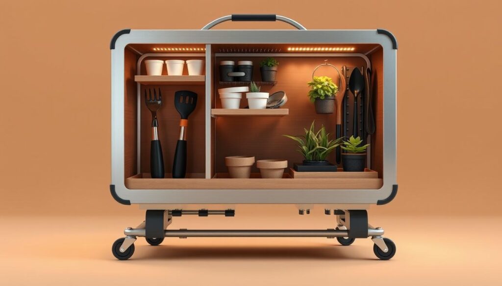 A portable and compact storage unit designed for urban gardeners on the move. A sleek, lightweight frame in brushed metal, equipped with adjustable shelves and compartments to hold gardening tools, potting supplies, and small plant containers. Subtle wooden accents add a natural touch. Wheels at the base allow for easy maneuvering, while a sturdy handle enables one-handed transport. Warm, directional lighting illuminates the contents, creating an inviting, functional display. The unit is captured from a low angle, emphasizing its practical yet stylish appearance, ready to accompany the gardener from project to project. A portable and compact storage unit designed for urban gardeners on the move. A sleek, lightweight frame in brushed metal, equipped with adjustable shelves and compartments to hold gardening tools, potting supplies, and small plant containers. Subtle wooden accents add a natural touch. Wheels at the base allow for easy maneuvering, while a sturdy handle enables one-handed transport. Warm, directional lighting illuminates the contents, creating an inviting, functional display. The unit is captured from a low angle, emphasizing its practical yet stylish appearance, ready to accompany the gardener from project to project.