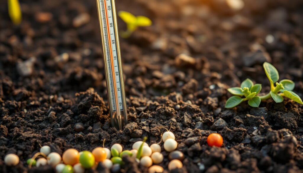 A precisely crafted soil thermometer, its sleek metal casing reflecting the warm lighting as it stands upright against a backdrop of rich, dark soil. The thermometer's dial displays the current soil temperature, a critical piece of information for the attentive gardener seeking to time their seed sowing just right. In the foreground, a sprinkling of various vegetable seeds, their diverse shapes and textures suggesting the vibrant life that awaits their proper germination. The scene evokes a sense of anticipation and the importance of understanding the delicate balance between timing and temperature for successful seed cultivation. A precisely crafted soil thermometer, its sleek metal casing reflecting the warm lighting as it stands upright against a backdrop of rich, dark soil. The thermometer's dial displays the current soil temperature, a critical piece of information for the attentive gardener seeking to time their seed sowing just right. In the foreground, a sprinkling of various vegetable seeds, their diverse shapes and textures suggesting the vibrant life that awaits their proper germination. The scene evokes a sense of anticipation and the importance of understanding the delicate balance between timing and temperature for successful seed cultivation.