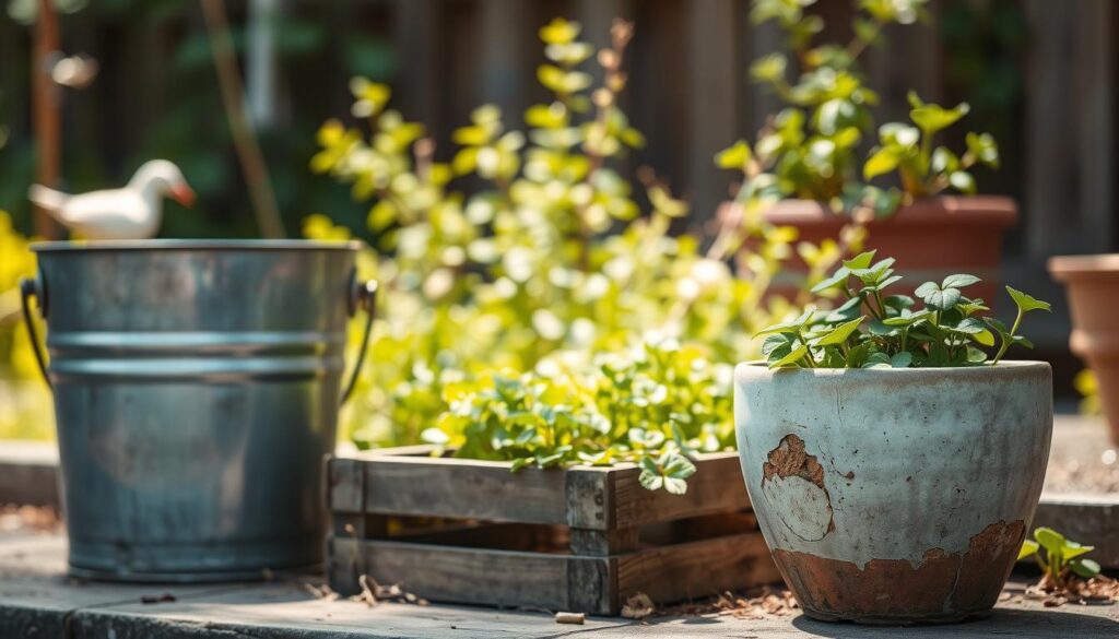 A quaint, rustic garden setting with an assortment of repurposed containers in the foreground. The containers include a vintage galvanized bucket, a wooden crate, and a chipped ceramic pot, all arranged in a harmonious, visually appealing composition. The middle ground features lush, verdant foliage, hinting at the thriving plants that reside within the found-object planters. The background is softly blurred, allowing the focus to remain on the creative, one-of-a-kind containers. The scene is bathed in warm, natural lighting, casting gentle shadows and highlighting the unique textures and patina of the upcycled items. An overall sense of charm, sustainability, and DIY inspiration permeates the image. A quaint, rustic garden setting with an assortment of repurposed containers in the foreground. The containers include a vintage galvanized bucket, a wooden crate, and a chipped ceramic pot, all arranged in a harmonious, visually appealing composition. The middle ground features lush, verdant foliage, hinting at the thriving plants that reside within the found-object planters. The background is softly blurred, allowing the focus to remain on the creative, one-of-a-kind containers. The scene is bathed in warm, natural lighting, casting gentle shadows and highlighting the unique textures and patina of the upcycled items. An overall sense of charm, sustainability, and DIY inspiration permeates the image.