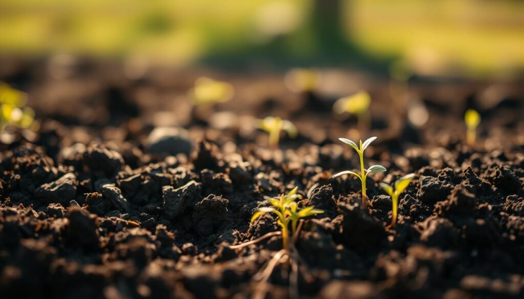A rich, loamy soil fills the frame, its dark, crumbly texture conveying a sense of fertile potential. Sunlight filters through the frame, casting a warm, natural glow that highlights the soil's subtle variations in color and structure. In the foreground, fine roots and tiny seedlings emerge from the earth, a testament to the soil's nourishing qualities. The background softens into a hazy, out-of-focus landscape, allowing the soil to take center stage as the primary subject. Captured with a shallow depth of field and a macro lens, the image invites the viewer to closely examine the intricate details and qualities of this essential gardening and landscaping foundation.