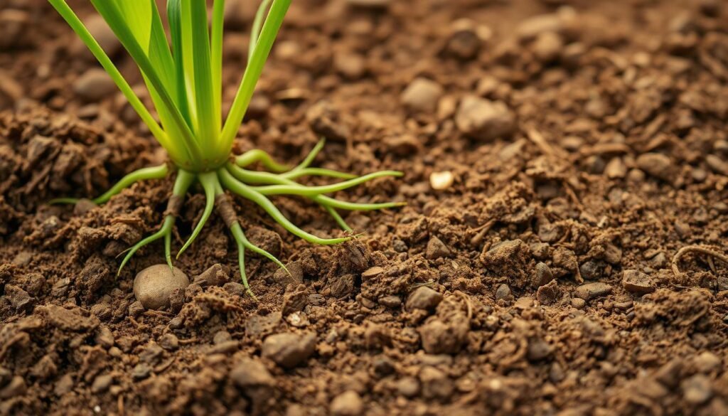 A rich, nutrient-dense soil with a warm, earthy tone, showcasing the intricate network of organic matter, microorganisms, and mineral particles. The foreground displays a close-up view of the soil's texture, revealing the complex interplay of decomposed plant matter, humus, and fine clay particles. The middle ground highlights the vibrant green roots of a thriving plant, symbolizing the nourishing capacity of the soil. In the background, a soft, diffused light illuminates the scene, creating a serene and inviting atmosphere that conveys the natural harmony of a healthy, living soil system. The overall composition emphasizes the vital role of nutrient-rich organic matter in sustainable lawn care.