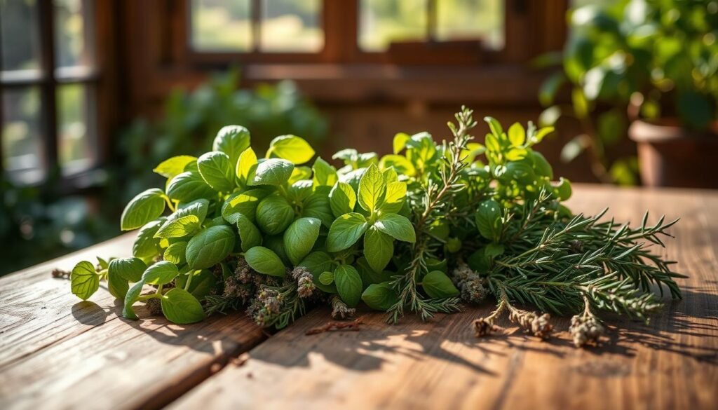 A rustic wooden table, a warm afternoon sunlight casting a soft glow. On the surface, a carefully curated collection of freshly harvested herbs - vibrant basil, fragrant thyme, and earthy rosemary, their stems still dewy. The herbs are arranged with an artful, yet natural touch, showcasing their unique shapes and colors. In the background, a window frames a lush garden, hinting at the abundant source of these flavorful ingredients. The overall scene radiates a sense of culinary abundance and a connection to the land, perfectly capturing the essence of "Harvest timing and prep to lock in aroma and essential oils".