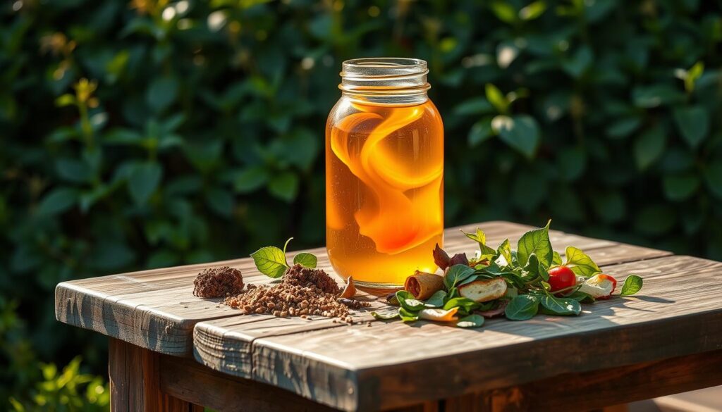 A rustic wooden table, its surface weathered and worn, stands against a backdrop of lush greenery. On the table, a large glass jar filled with a swirling, amber-colored liquid takes center stage, the sunlight filtering through its translucent contents. Beside the jar, an assortment of natural materials - composted organic matter, vibrant green leaves, and vegetable scraps - are arranged in a visually appealing manner, hinting at the ingredients used to create this homemade liquid fertilizer. The scene is bathed in a warm, golden light, creating a sense of authenticity and a celebration of the simple, sustainable pleasures of DIY gardening. A rustic wooden table, its surface weathered and worn, stands against a backdrop of lush greenery. On the table, a large glass jar filled with a swirling, amber-colored liquid takes center stage, the sunlight filtering through its translucent contents. Beside the jar, an assortment of natural materials - composted organic matter, vibrant green leaves, and vegetable scraps - are arranged in a visually appealing manner, hinting at the ingredients used to create this homemade liquid fertilizer. The scene is bathed in a warm, golden light, creating a sense of authenticity and a celebration of the simple, sustainable pleasures of DIY gardening.