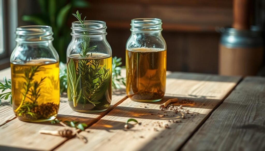 A rustic wooden table with three glass jars filled with infused oils, each containing sprigs of fresh rosemary, sage, and thyme. The jars are positioned in the foreground, casting soft, warm shadows on the table's surface. The lighting is natural and diffused, creating a cozy, inviting atmosphere. In the middle ground, a few scattered herbs and spices add depth and texture to the scene. The background is blurred, allowing the focus to remain on the captivating display of flavorful herb-infused oils.