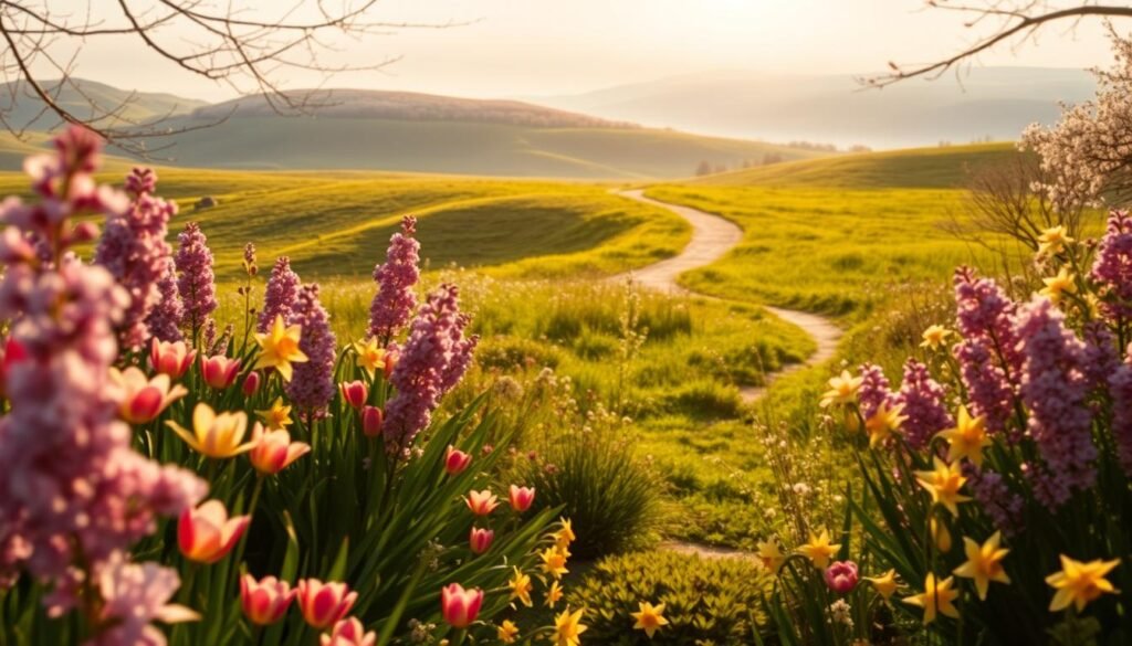 A serene springtime landscape bathed in soft, golden light. In the foreground, a lush garden bursting with vibrant blooms - delicate tulips, fragrant lilacs, and cheerful daffodils. The middle ground features a winding path leading through a verdant meadow, dotted with wildflowers swaying gently in a light breeze. In the background, rolling hills are capped with a dusting of pale pink cherry blossoms, creating a dreamy, pastoral atmosphere. The scene is captured with a wide-angle lens, providing a sense of depth and tranquility, inviting the viewer to step into this idyllic springtime scene. A serene springtime landscape bathed in soft, golden light. In the foreground, a lush garden bursting with vibrant blooms - delicate tulips, fragrant lilacs, and cheerful daffodils. The middle ground features a winding path leading through a verdant meadow, dotted with wildflowers swaying gently in a light breeze. In the background, rolling hills are capped with a dusting of pale pink cherry blossoms, creating a dreamy, pastoral atmosphere. The scene is captured with a wide-angle lens, providing a sense of depth and tranquility, inviting the viewer to step into this idyllic springtime scene.