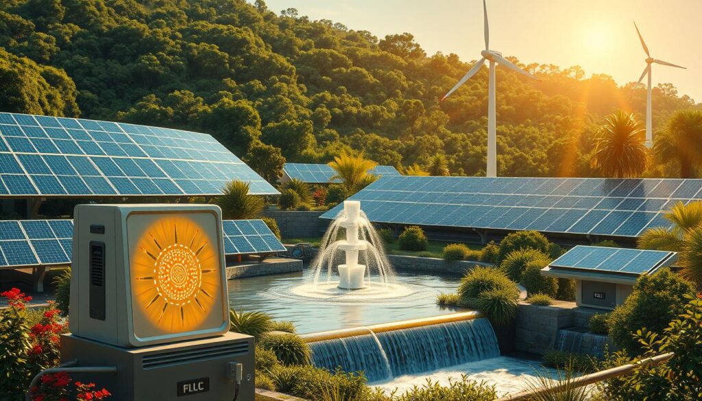 A serene, sun-drenched solarpunk landscape, where a vibrant array of solar panels seamlessly blends with lush, verdant foliage. In the foreground, sleek, futuristic energy storage units pulsate with an ethereal glow, harnessing the sun's power. The middle ground features a striking water feature, its gentle flow powered by an intricate system of hydroelectric turbines. Towering in the background, a wind turbine gracefully rotates, its blades catching the breeze to generate additional clean energy. The scene is bathed in warm, golden lighting, creating an atmosphere of sustainable harmony and technological innovation.