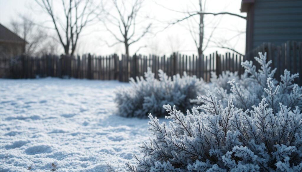 A serene winter landscape with a frosted garden bed in the foreground, blanketed in a delicate layer of ice crystals. In the middle ground, a weathered wooden fence and bare trees, their branches etched against the soft, hazy sky. Subtle lighting casts a cool, diffused glow, highlighting the textural details of the frost-covered foliage. The overall atmosphere conveys a sense of tranquility and the arrival of the dormant season, a visual cue to the last frost date that marks the appropriate time to begin planting.