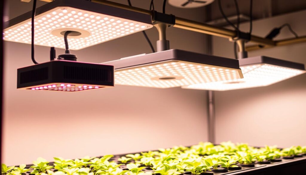 A sleek and modern indoor grow setup featuring three high-efficiency LED grow lights from leading brands Spider Farmer, HLG, and Mars Hydro. The lights are suspended from a minimalist metal frame, casting a warm, even glow over a tray of healthy, verdant seedlings. The scene is bathed in a soft, diffuse lighting, creating an atmosphere of nurturing growth and vibrant productivity. The image captures the precision engineering and advanced technology of these premium grow light systems, showcasing their suitability for the discerning indoor gardener or small-scale commercial operation. A sleek and modern indoor grow setup featuring three high-efficiency LED grow lights from leading brands Spider Farmer, HLG, and Mars Hydro. The lights are suspended from a minimalist metal frame, casting a warm, even glow over a tray of healthy, verdant seedlings. The scene is bathed in a soft, diffuse lighting, creating an atmosphere of nurturing growth and vibrant productivity. The image captures the precision engineering and advanced technology of these premium grow light systems, showcasing their suitability for the discerning indoor gardener or small-scale commercial operation.