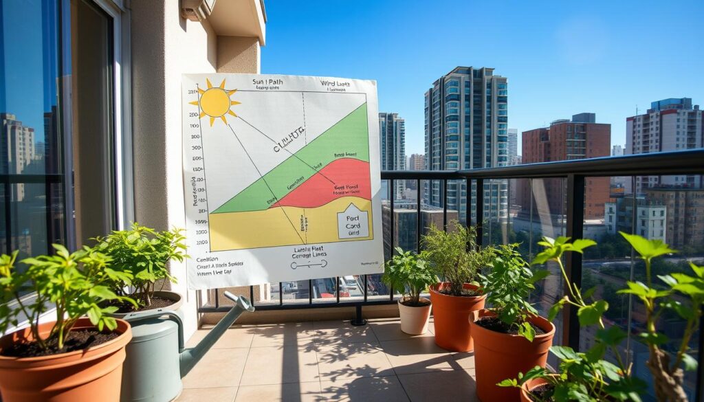 A small balcony with a detailed map showcasing the sun's path, wind patterns, and structural load limits. The foreground features potted plants and a watering can, while the middle ground displays a hand-drawn map with color-coded zones indicating sunlight intensity and wind flow. The background reveals the urban cityscape, with high-rise buildings and a clear blue sky. The scene is lit by a soft, natural light, captured through a wide-angle lens to provide a comprehensive view of the balcony's layout and environmental factors. The overall mood is one of thoughtful planning and a connection to the outdoor space, setting the stage for the article's exploration of productive small-scale gardening. A small balcony with a detailed map showcasing the sun's path, wind patterns, and structural load limits. The foreground features potted plants and a watering can, while the middle ground displays a hand-drawn map with color-coded zones indicating sunlight intensity and wind flow. The background reveals the urban cityscape, with high-rise buildings and a clear blue sky. The scene is lit by a soft, natural light, captured through a wide-angle lens to provide a comprehensive view of the balcony's layout and environmental factors. The overall mood is one of thoughtful planning and a connection to the outdoor space, setting the stage for the article's exploration of productive small-scale gardening.