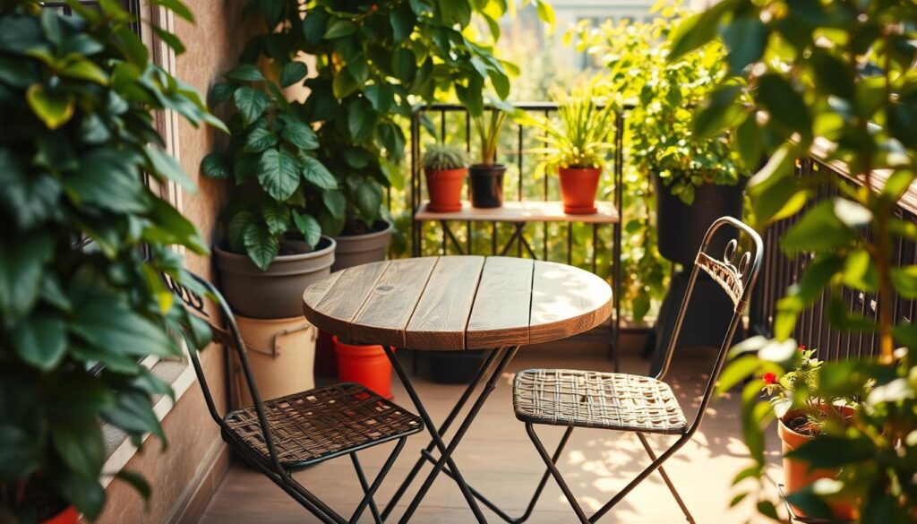 A small, cozy balcony with a rustic bistro table and matching chairs, surrounded by lush, verdant foliage. The table is made of weathered wood, with a simple yet elegant design. Two metal chairs with woven seats and backs are positioned around the table, inviting relaxation and casual dining. In the background, a few potted plants and a small, foldable side table add to the sense of a productive, well-designed outdoor space. Warm, natural lighting filters through the leaves, casting a soft glow over the scene. The overall atmosphere is one of calm, comfort, and productivity, perfectly suited for an article about cultivating a thriving urban garden. A small, cozy balcony with a rustic bistro table and matching chairs, surrounded by lush, verdant foliage. The table is made of weathered wood, with a simple yet elegant design. Two metal chairs with woven seats and backs are positioned around the table, inviting relaxation and casual dining. In the background, a few potted plants and a small, foldable side table add to the sense of a productive, well-designed outdoor space. Warm, natural lighting filters through the leaves, casting a soft glow over the scene. The overall atmosphere is one of calm, comfort, and productivity, perfectly suited for an article about cultivating a thriving urban garden.
