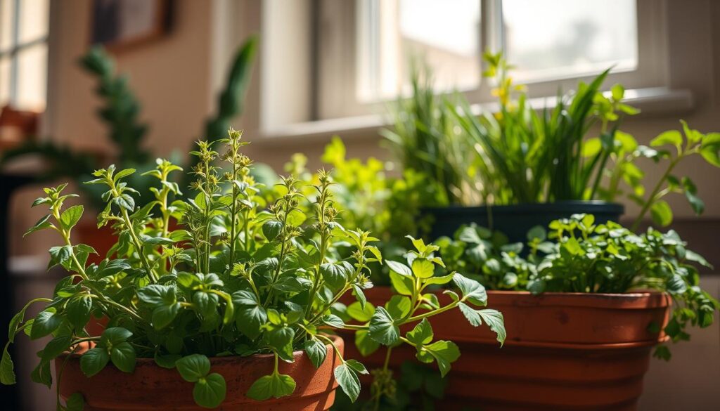 A small indoor herb garden thriving under soft, indirect lighting. In the foreground, lush green sprouts of basil, thyme, and oregano cascade from a rustic terracotta pot. The middle ground features a tiered planter system with a variety of flourishing culinary herbs - rosemary, chives, and parsley. In the background, the scene is framed by a large window, letting in just the right amount of natural daylight to create a cozy, nurturing environment. The lighting is warm and diffused, casting a gentle glow on the verdant foliage. An air of tranquility and self-sufficiency pervades the composition, inspiring thoughts of homegrown, wholesome cooking. A small indoor herb garden thriving under soft, indirect lighting. In the foreground, lush green sprouts of basil, thyme, and oregano cascade from a rustic terracotta pot. The middle ground features a tiered planter system with a variety of flourishing culinary herbs - rosemary, chives, and parsley. In the background, the scene is framed by a large window, letting in just the right amount of natural daylight to create a cozy, nurturing environment. The lighting is warm and diffused, casting a gentle glow on the verdant foliage. An air of tranquility and self-sufficiency pervades the composition, inspiring thoughts of homegrown, wholesome cooking.