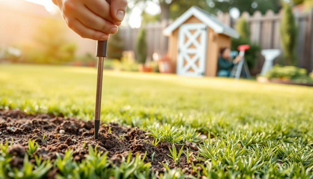A soil compaction diagnostic scene captured through the lens of a professional photographer. In the foreground, a hand-held soil probe is used to assess the soil's density, revealing hidden signs of compaction. The middle ground showcases a well-manicured lawn, with telltale indicators of poor root growth and water pooling. In the background, a gardening tool shed provides a sense of context, hinting at the homeowner's efforts to address this hidden problem. The lighting is soft and natural, casting a warm glow on the scene. The composition is balanced, with a clear focal point and depth of field, inviting the viewer to closely examine the diagnostic process.