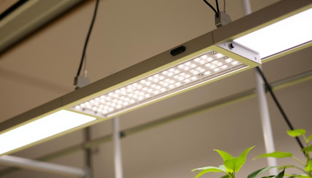 A sophisticated, high-quality LED grow light system, featuring an array of powerful, full-spectrum diodes designed for optimal plant growth. The light fixture is mounted on a sleek, modern frame with adjustable height and intensity controls. The light emits a warm, natural glow, casting a soft, even illumination across the grow space. The lens and reflector design ensures efficient, targeted light delivery for maximum photosynthetic effectiveness. The overall aesthetic is professional, clean, and minimalist, befitting a premium seed starting setup in a well-equipped home or commercial greenhouse. A sophisticated, high-quality LED grow light system, featuring an array of powerful, full-spectrum diodes designed for optimal plant growth. The light fixture is mounted on a sleek, modern frame with adjustable height and intensity controls. The light emits a warm, natural glow, casting a soft, even illumination across the grow space. The lens and reflector design ensures efficient, targeted light delivery for maximum photosynthetic effectiveness. The overall aesthetic is professional, clean, and minimalist, befitting a premium seed starting setup in a well-equipped home or commercial greenhouse.