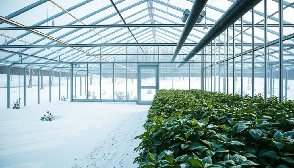 A sprawling, modern greenhouse nestled in a snowy winter landscape, with an abundance of natural light filtering through its glass panels. The foreground features a diverse array of lush, verdant plants thriving in the warm, humid interior, their leaves gently swaying. The middle ground showcases a sleek, minimalist heating system, its pipes and vents seamlessly integrated into the greenhouse's architecture. In the background, the stark contrast of the snow-covered terrain creates a striking visual juxtaposition, hinting at the greenhouse's ability to maintain a comfortable, temperate climate even in the harshest of conditions. The lighting is soft and diffused, creating a serene, almost ethereal atmosphere that underscores the greenhouse's role as a self-sustaining oasis in the midst of a wintry wonderland.