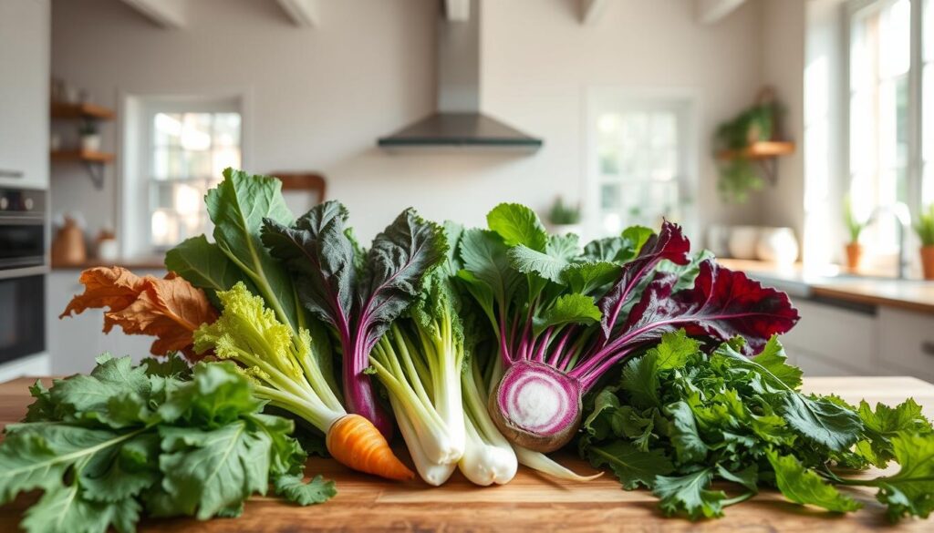 A still life of zero-waste leaves in a well-lit, airy kitchen setting. In the foreground, a selection of vibrant, crisp leaves arranged in an aesthetically pleasing manner, showcasing their intricate textures and natural hues. The leaves could include carrot tops, beet greens, radish leaves, and other often-discarded parts of common kitchen vegetables. In the middle ground, a wooden cutting board or rustic platter serves as the backdrop, highlighting the leaves' organic beauty. The background features a clean, minimalist kitchen interior with natural light streaming in through large windows, creating a warm, inviting atmosphere. The overall composition emphasizes the versatility and value of these often-overlooked kitchen scraps, inspiring viewers to reconsider their approach to food preparation and waste reduction.