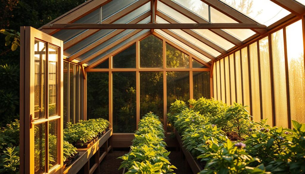 A sturdy lean-to greenhouse, its glass panels glimmering in the soft, diffused sunlight. The structure stands against a backdrop of lush, verdant foliage, its wooden frame blending seamlessly with the natural surroundings. The interior is bathed in a warm, golden glow, creating an inviting and serene atmosphere. Rows of thriving plants and seedlings fill the space, their vibrant hues and verdant leaves testament to the greenhouse's effective temperature and humidity control. The overall composition suggests a harmonious coexistence between the man-made structure and the natural world, making it an ideal choice for those seeking a functional and aesthetically pleasing greenhouse solution. A sturdy lean-to greenhouse, its glass panels glimmering in the soft, diffused sunlight. The structure stands against a backdrop of lush, verdant foliage, its wooden frame blending seamlessly with the natural surroundings. The interior is bathed in a warm, golden glow, creating an inviting and serene atmosphere. Rows of thriving plants and seedlings fill the space, their vibrant hues and verdant leaves testament to the greenhouse's effective temperature and humidity control. The overall composition suggests a harmonious coexistence between the man-made structure and the natural world, making it an ideal choice for those seeking a functional and aesthetically pleasing greenhouse solution.