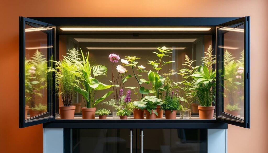 A stylish indoor greenhouse cabinet with a sleek, modern design. The cabinet has a glass front and sides, allowing ample natural light to enter and showcase the thriving plants within. The cabinet is set against a warm, neutral-toned wall, with subtle overhead lighting casting a soft, natural glow. The plants inside, a mix of lush greenery and delicate flowers, are arranged in a visually appealing manner, creating a harmonious and inviting display. The cabinet's overall aesthetic is one of minimalism and sophistication, perfectly complementing the section's title "Step-by-step guide building stylish indoor greenhouse cabinet". A stylish indoor greenhouse cabinet with a sleek, modern design. The cabinet has a glass front and sides, allowing ample natural light to enter and showcase the thriving plants within. The cabinet is set against a warm, neutral-toned wall, with subtle overhead lighting casting a soft, natural glow. The plants inside, a mix of lush greenery and delicate flowers, are arranged in a visually appealing manner, creating a harmonious and inviting display. The cabinet's overall aesthetic is one of minimalism and sophistication, perfectly complementing the section's title "Step-by-step guide building stylish indoor greenhouse cabinet".