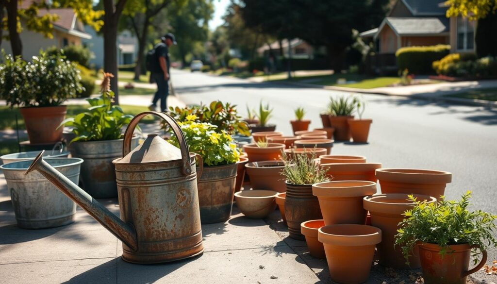 A sun-dappled suburban street, with an assortment of free containers lining the curb - weathered planters, repurposed buckets, and quirky vintage finds. In the foreground, a rusted metal watering can catches the light, its patina hinting at a life well-lived. Scattered throughout, an array of terra cotta pots, their earthy tones complementing the lush greenery that spills from their lips. In the distance, a shadowy figure peruses the offerings, imagining the possibilities. The scene is infused with a sense of discovery, a reminder that one person's trash can be another's treasure. A sun-dappled suburban street, with an assortment of free containers lining the curb - weathered planters, repurposed buckets, and quirky vintage finds. In the foreground, a rusted metal watering can catches the light, its patina hinting at a life well-lived. Scattered throughout, an array of terra cotta pots, their earthy tones complementing the lush greenery that spills from their lips. In the distance, a shadowy figure peruses the offerings, imagining the possibilities. The scene is infused with a sense of discovery, a reminder that one person's trash can be another's treasure.