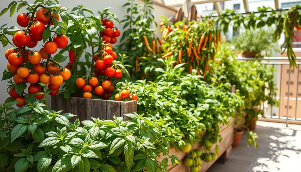 A sun-drenched balcony bursting with vibrant sun-loving plants, their leaves gently swaying in the warm breeze. In the foreground, a lush cluster of deep green basil plants, their fragrant leaves ready to be plucked for a fresh salsa. Behind them, rows of thriving tomato vines laden with plump, ripe fruits in shades of red and orange. Flanking the tomatoes, tall, upright pepper plants boast an array of colorful, pendent pods in fiery hues. The middle ground features a weathered wooden planter box, its rustic charm complementing the organic shapes and textures of the sun-soaked greenery. In the background, a sun-dappled trellis frames the scene, casting delicate shadows that dance across the balcony's tiled floor. The overall atmosphere is one of abundance, vitality, and the pure joy of urban gardening. A sun-drenched balcony bursting with vibrant sun-loving plants, their leaves gently swaying in the warm breeze. In the foreground, a lush cluster of deep green basil plants, their fragrant leaves ready to be plucked for a fresh salsa. Behind them, rows of thriving tomato vines laden with plump, ripe fruits in shades of red and orange. Flanking the tomatoes, tall, upright pepper plants boast an array of colorful, pendent pods in fiery hues. The middle ground features a weathered wooden planter box, its rustic charm complementing the organic shapes and textures of the sun-soaked greenery. In the background, a sun-dappled trellis frames the scene, casting delicate shadows that dance across the balcony's tiled floor. The overall atmosphere is one of abundance, vitality, and the pure joy of urban gardening.