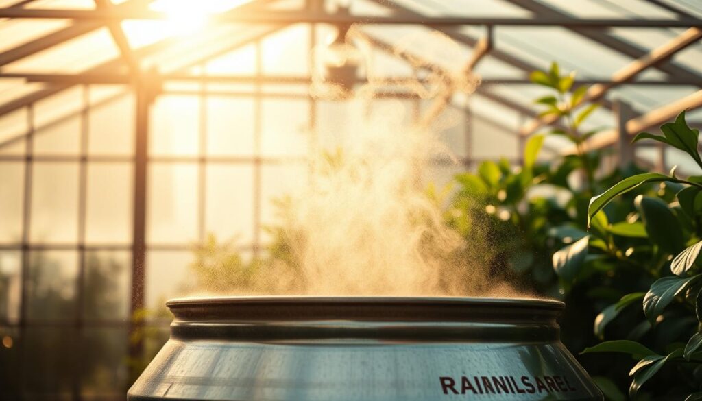 A sun-drenched greenhouse interior, with a central rain barrel gently steaming as water evaporates from its surface. Warm, hazy light filters through the glass, casting a soft, diffuse glow. Delicate wisps of vapor rise in graceful spirals, swirling and dissipating towards the ceiling. The barrel's metal surface reflects the play of light, creating a mesmerizing, shimmering effect. Lush, verdant plants in the background sway subtly, their leaves glistening with condensation. The scene conveys a sense of tranquility and efficient, natural water management. A sun-drenched greenhouse interior, with a central rain barrel gently steaming as water evaporates from its surface. Warm, hazy light filters through the glass, casting a soft, diffuse glow. Delicate wisps of vapor rise in graceful spirals, swirling and dissipating towards the ceiling. The barrel's metal surface reflects the play of light, creating a mesmerizing, shimmering effect. Lush, verdant plants in the background sway subtly, their leaves glistening with condensation. The scene conveys a sense of tranquility and efficient, natural water management.