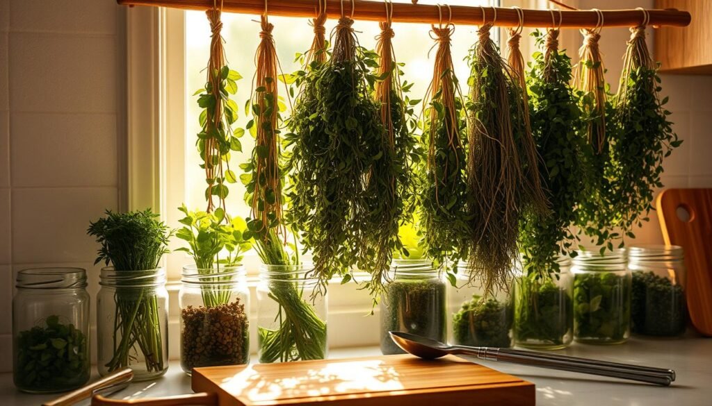 A sun-drenched kitchen counter, lined with a row of glass jars filled with vibrant, freshly harvested herbs. The herbs, carefully arranged in neat bunches, are suspended from a rustic wooden drying rack overhead, their delicate leaves gently swaying in the warm, circulating air. Soft, diffused natural light filters through the window, casting a warm, golden glow over the scene, accentuating the earthy tones and textures of the dried herbs. In the foreground, a wooden cutting board and a set of stainless steel culinary tools sit, waiting to transform these aromatic ingredients into flavorful dishes. The overall atmosphere is one of tranquility, attention to detail, and the celebration of the simple pleasures of preserving the essence of nature's bounty.