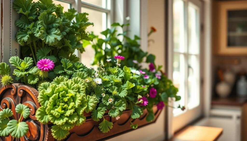 A sun-drenched kitchen window box overflowing with thriving leafy greens and vibrant flowers. The foreground showcases an ornate, wooden planter box brimming with lush, curly kale, crisp romaine lettuce, and delicate, edible flowers. The middle ground features a charming, weather-worn windowsill framing the bountiful display, while the background depicts a bright, airy kitchen with warm, natural light streaming in. The overall scene conveys a sense of cozy, rustic abundance and the joy of growing your own nourishing salad ingredients right at home.